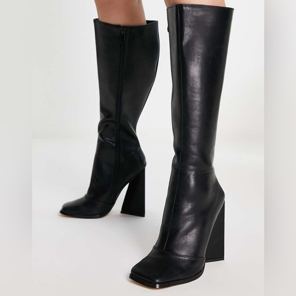 Black Knee High Faux Leather Boots Square Toe Chunky Triangular Heel 7.5 - Picture 2 of 13
